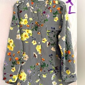 LADIES BLACK & WHITE STRIPED TOP WITH YELLOW & ORANGE FLOWERS